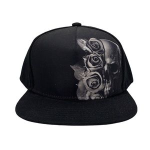 Tokes Hat Skull Floral Rose Flat Brim Black